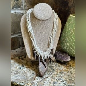 White Beaded Wood Leaf Necklace